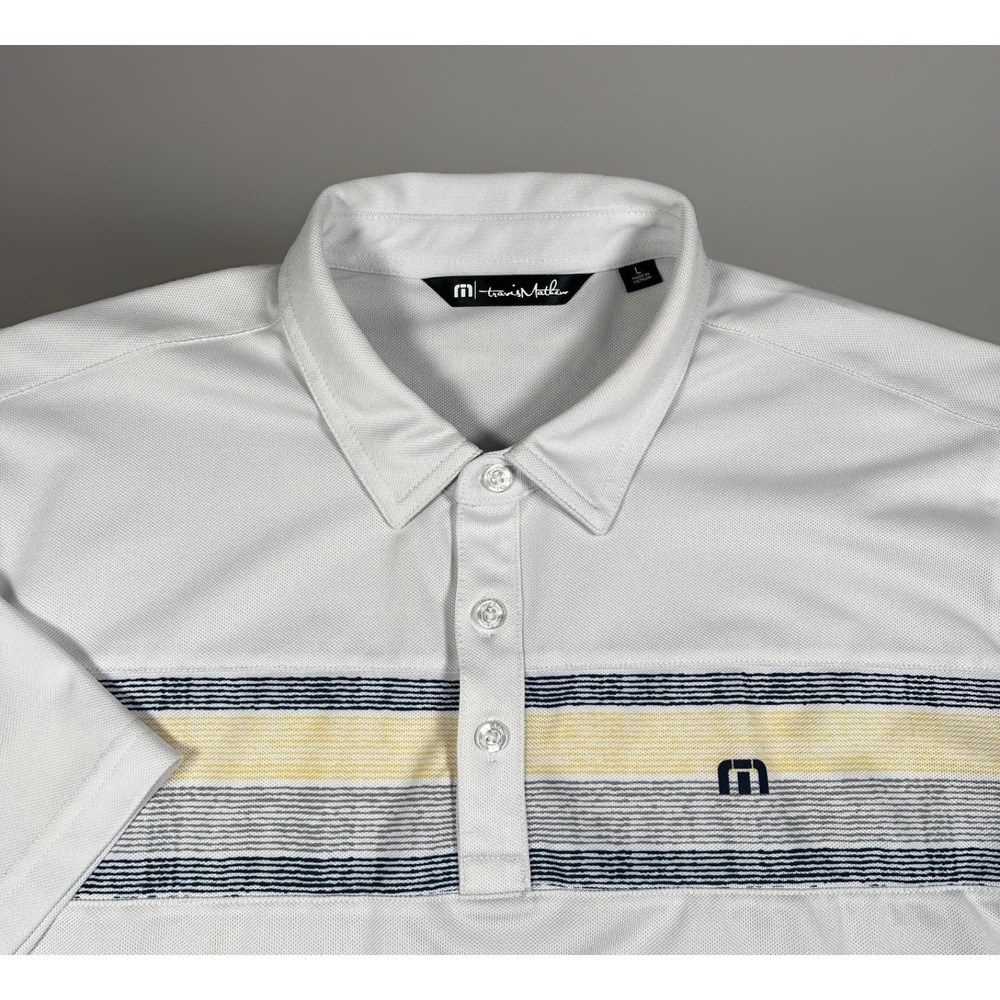 TravisMathew Mens Polo Shirt Size Large White Yellow Blue Chest Stripe Golf L